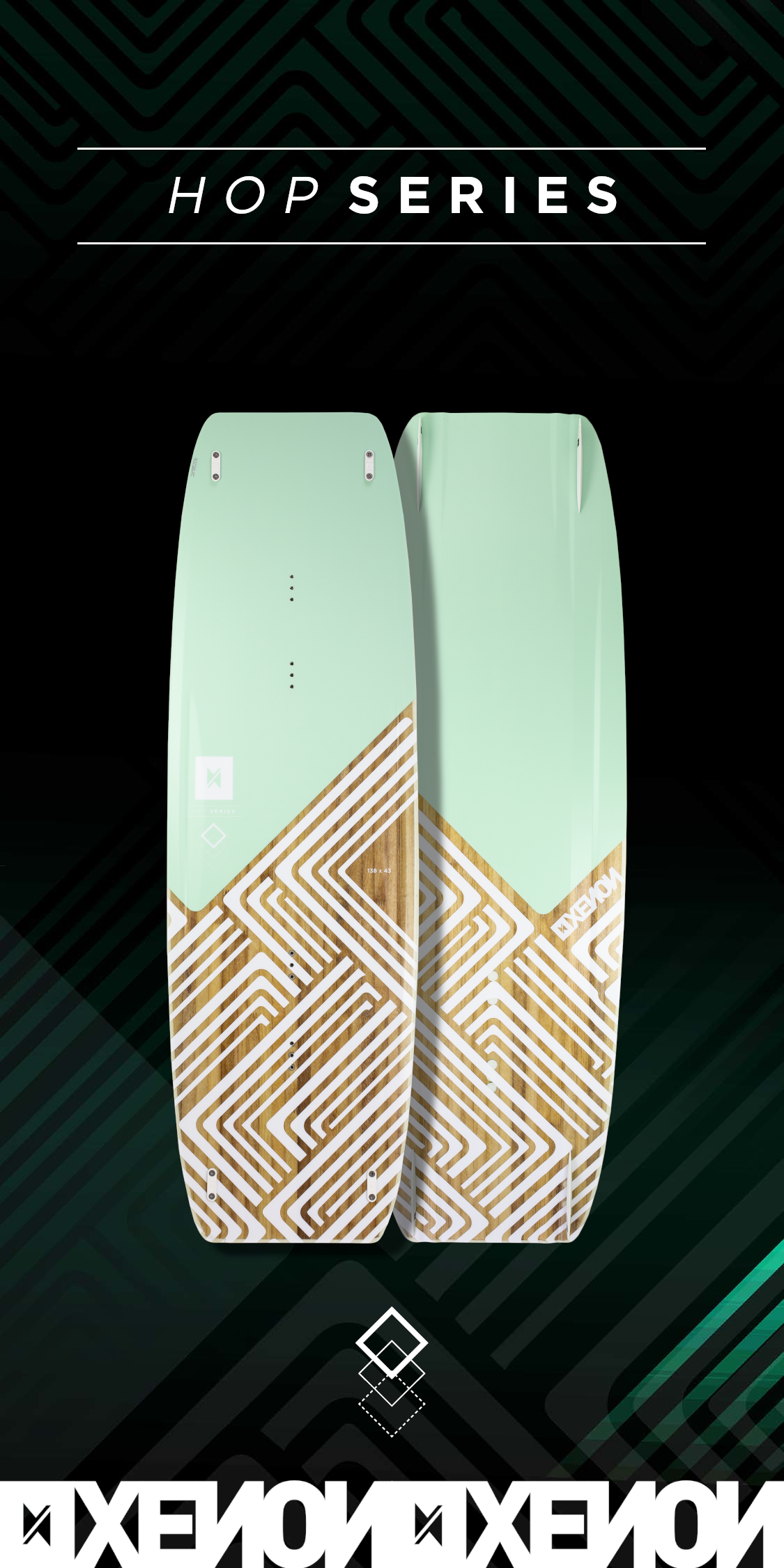 Xenon Hop 2024 twintip kiteboard top and bottom view.