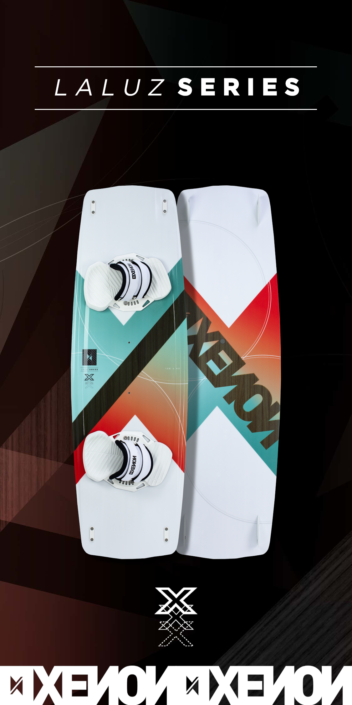 Xenon Laluz 2024 twintip kiteboard top and bottom view.