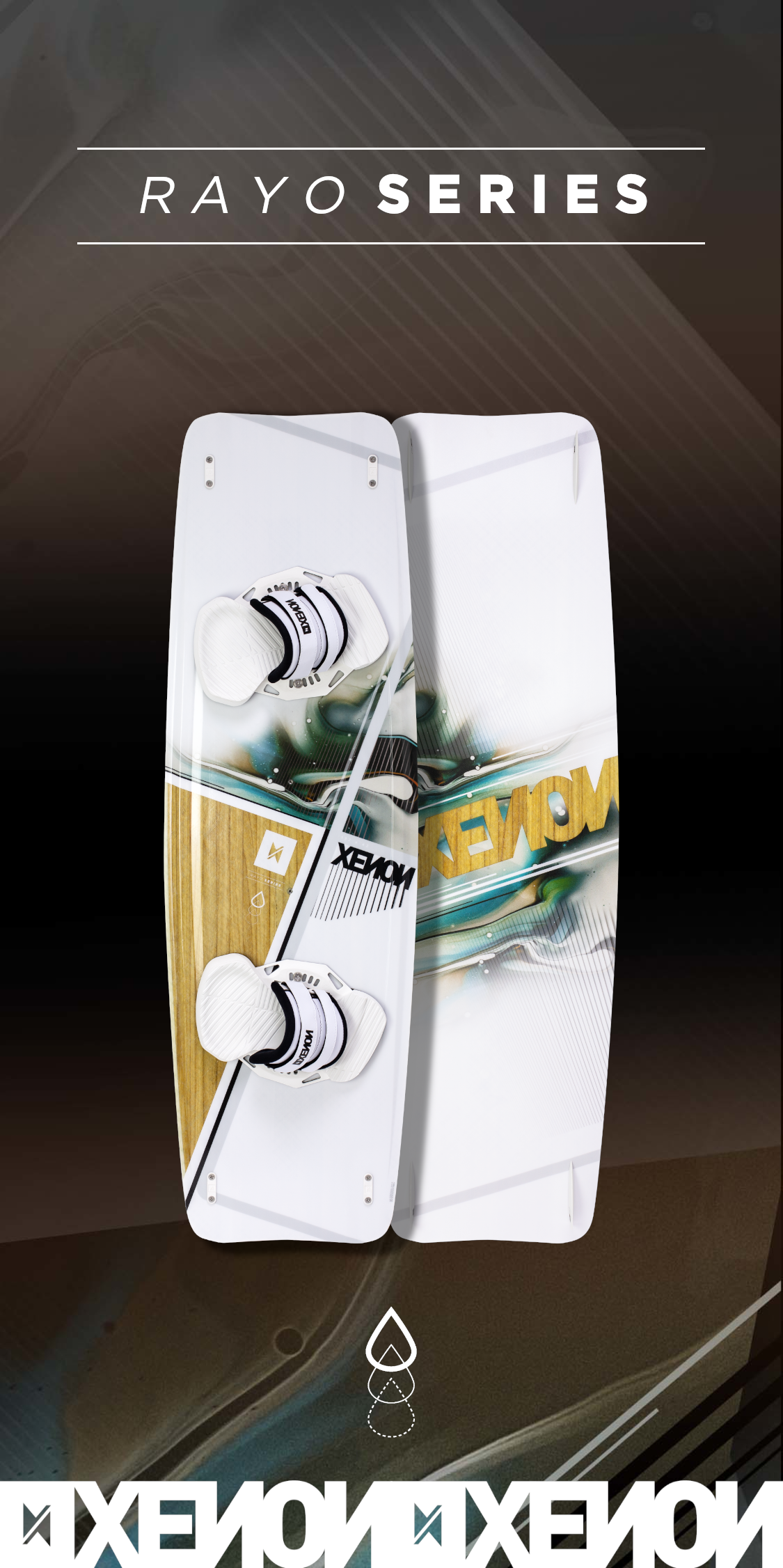 Xenon Rayo 2024 twintip kiteboard top and bottom view.