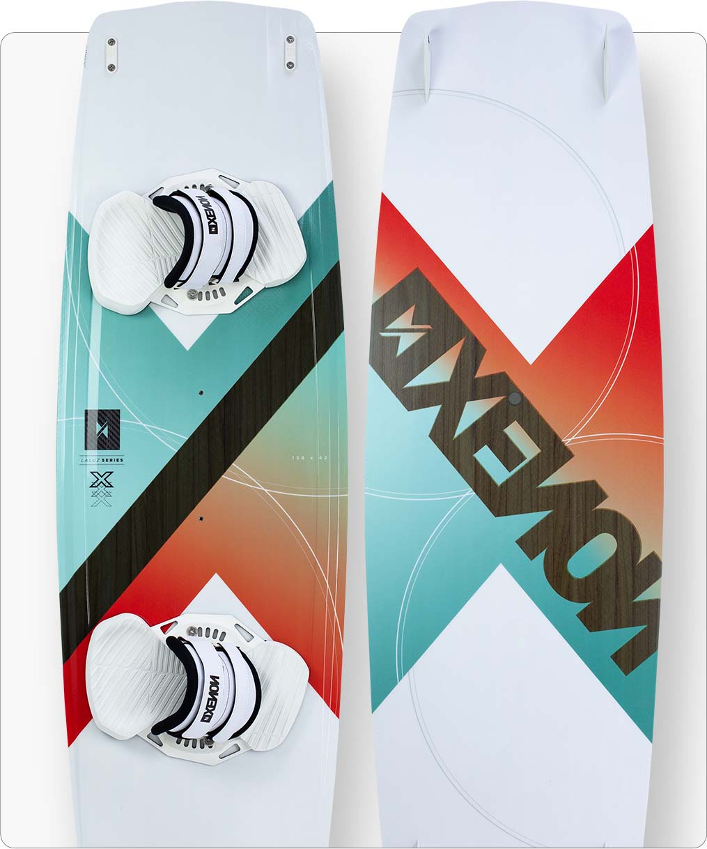 Xenon Laluz 2024 twintip kiteboard top and bottom view.